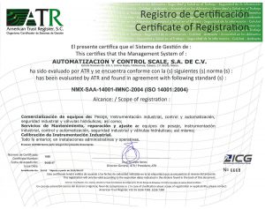 Certificación ISO-14001 otorgada a Automatización y Control Scale S.A. de C.V.